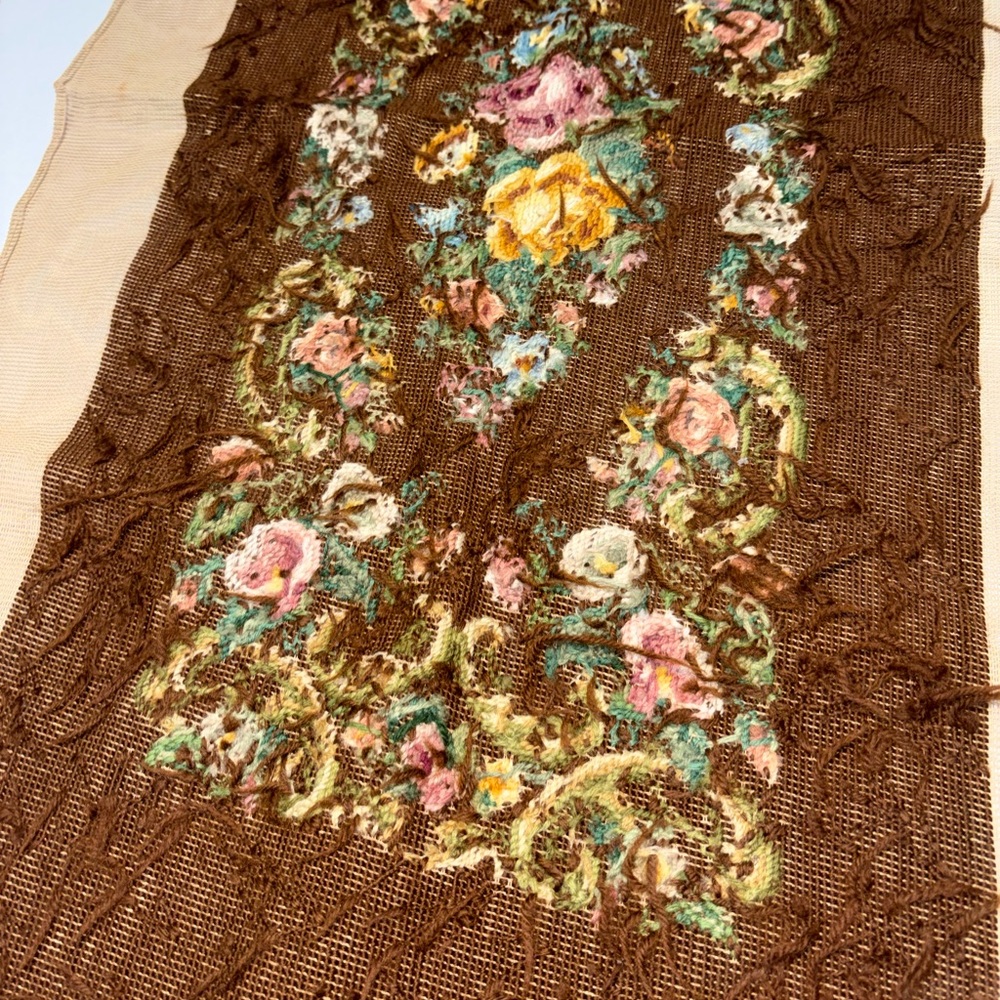 22” x 39” vintage handmade needlepoint tapestry floral bench panel upholstery - Picture 3 of 12